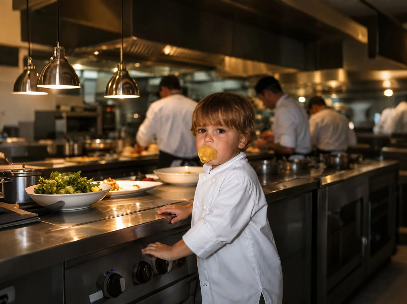 Michael Manno as a toddler in a small white chef coat, standing at a restaurant kitchen line with a pacifier in his mouth