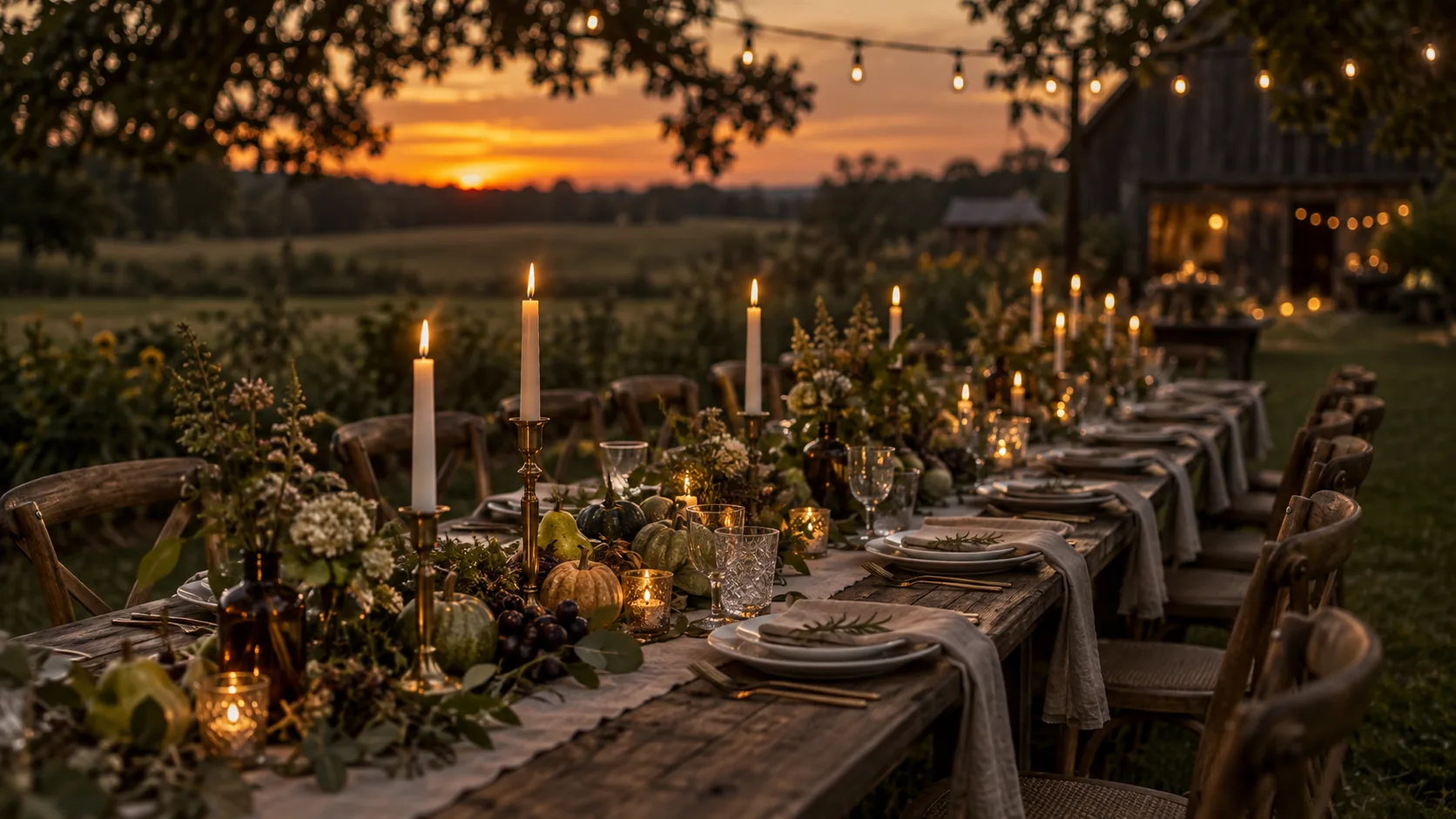 A long outdoor banquet table set at sunset with linen, candles, glassware and seasonal greenery