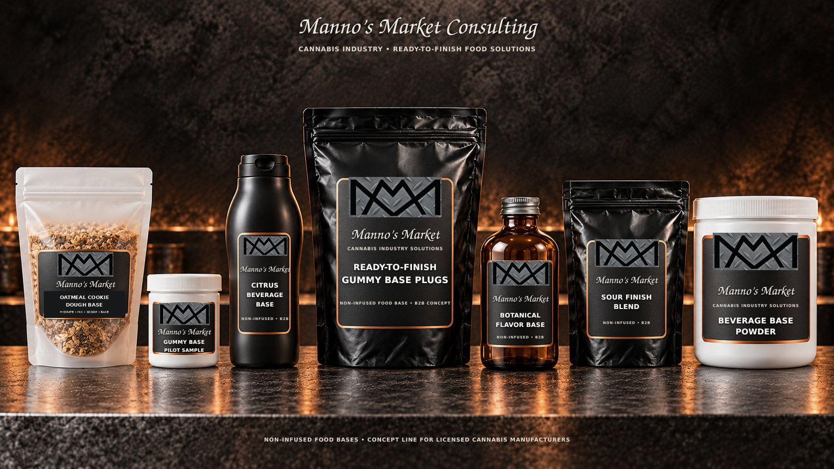 Product lineup concept: Ready-to-Finish Gummy Base Plugs pouch, citrus beverage base bottle, gummy base plugs pilot sample, sour finish blend and pectin confection base, shown as non-infused B2B development concepts