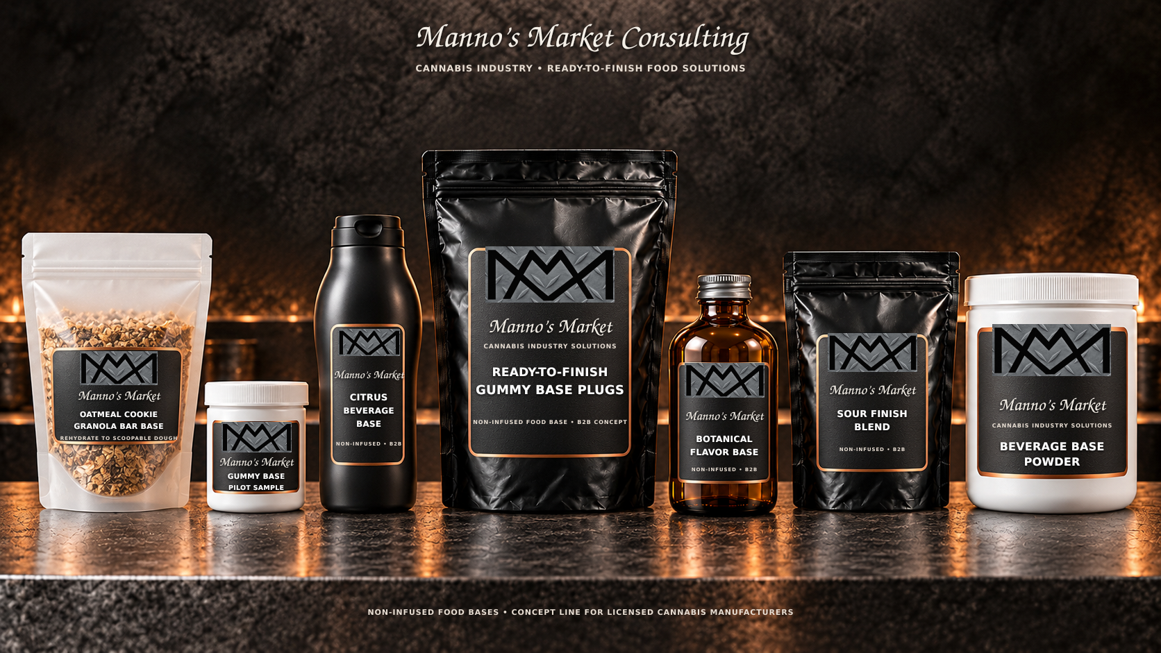 Concept packaging for the Manno's Market cannabis industry line: a black Ready-to-Finish Gummy Base Plugs pouch with a pilot sample jar, citrus beverage base bottle, sour finish blend and pectin confection base jars, all with black and copper labels