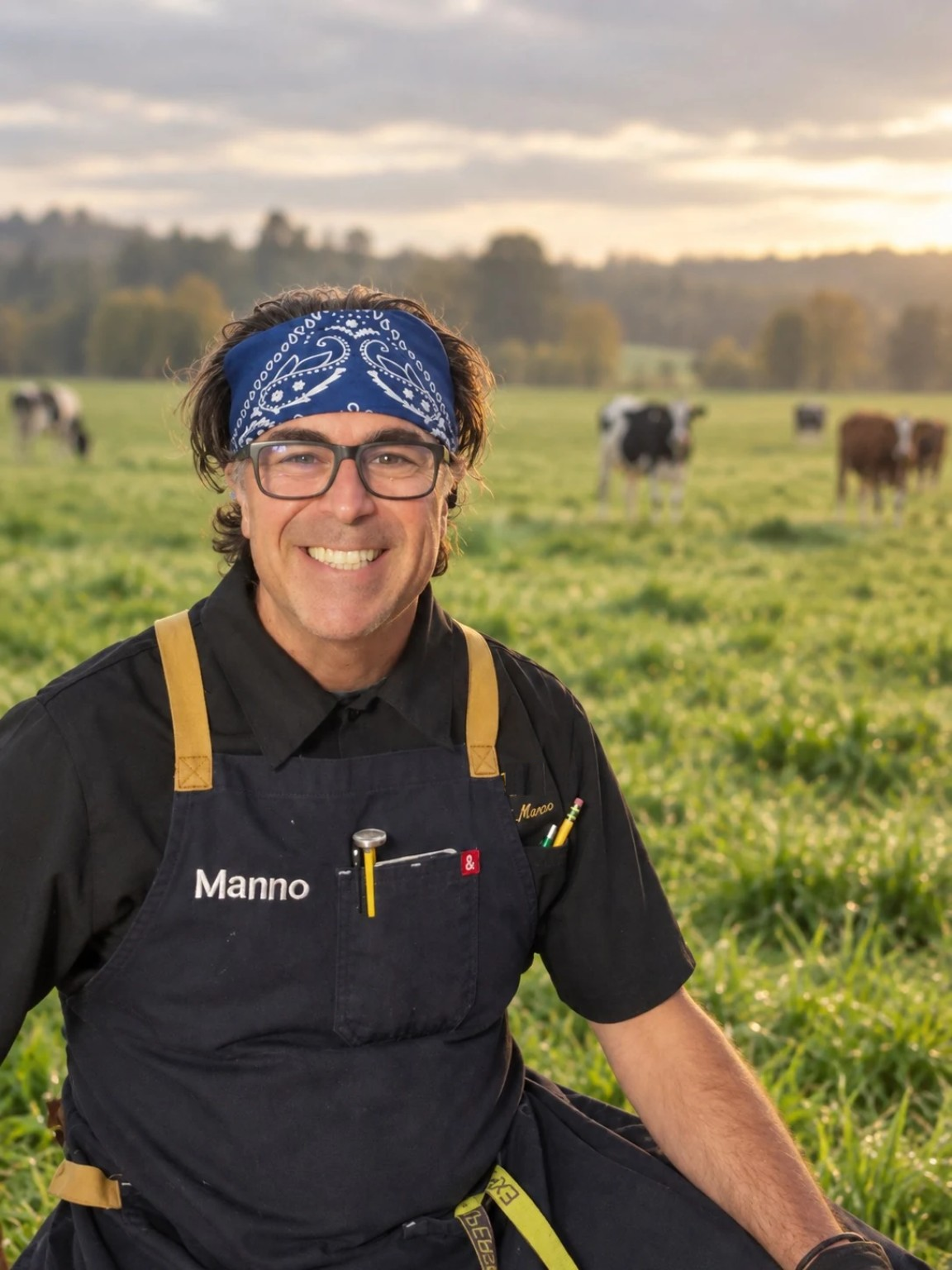 Chef Michael Manno smiling in a green pasture at golden hour, wearing a blue bandana and a navy apron, with cattle softly out of focus behind him