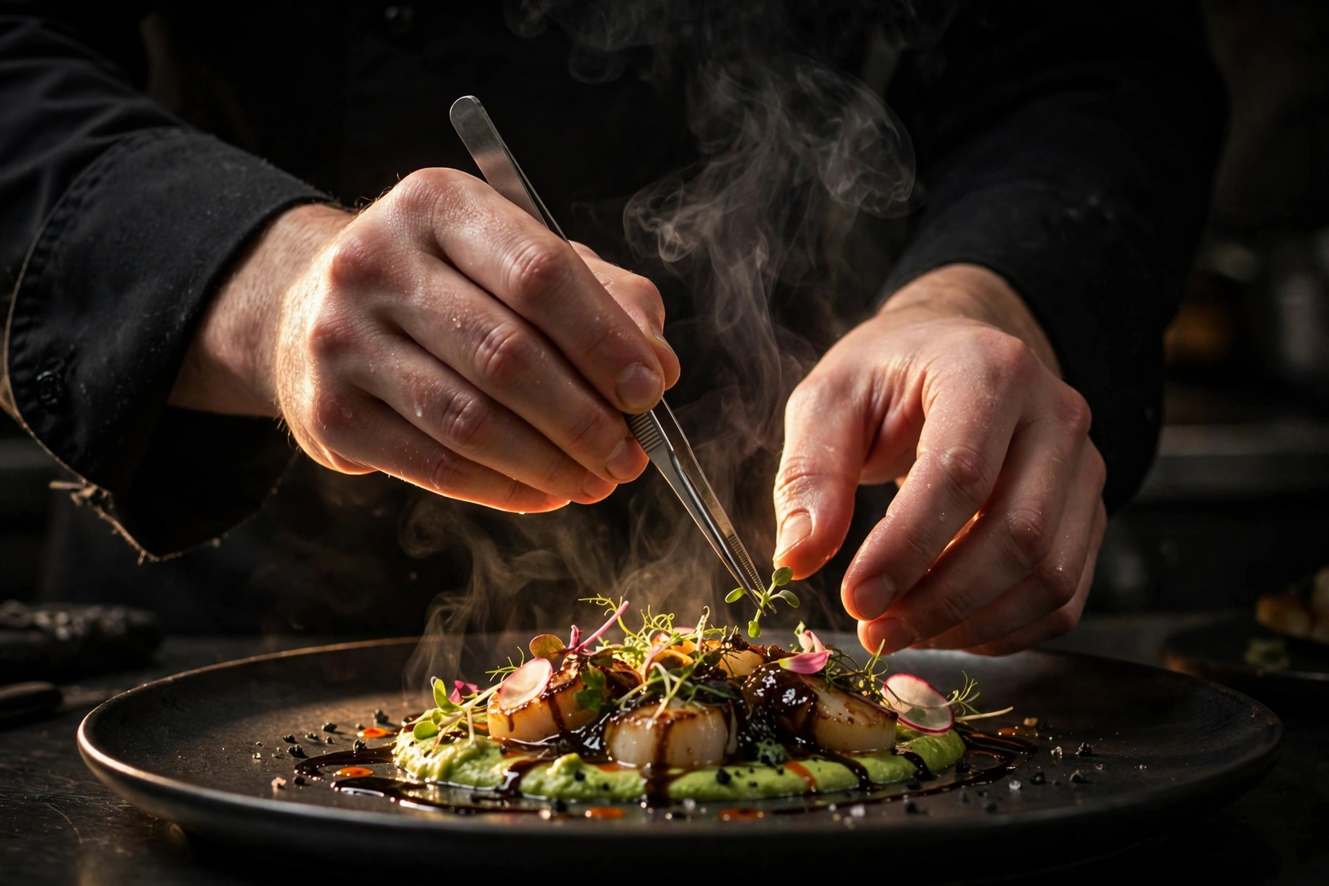 A chef's hands finishing a plated dish with tweezers in a dark kitchen