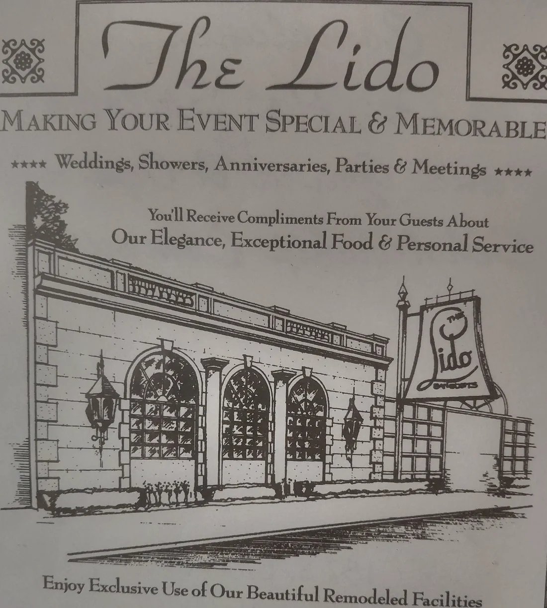 A printed advertisement for The Lido banquet hall in Chicago, with a pen-and-ink drawing of the building