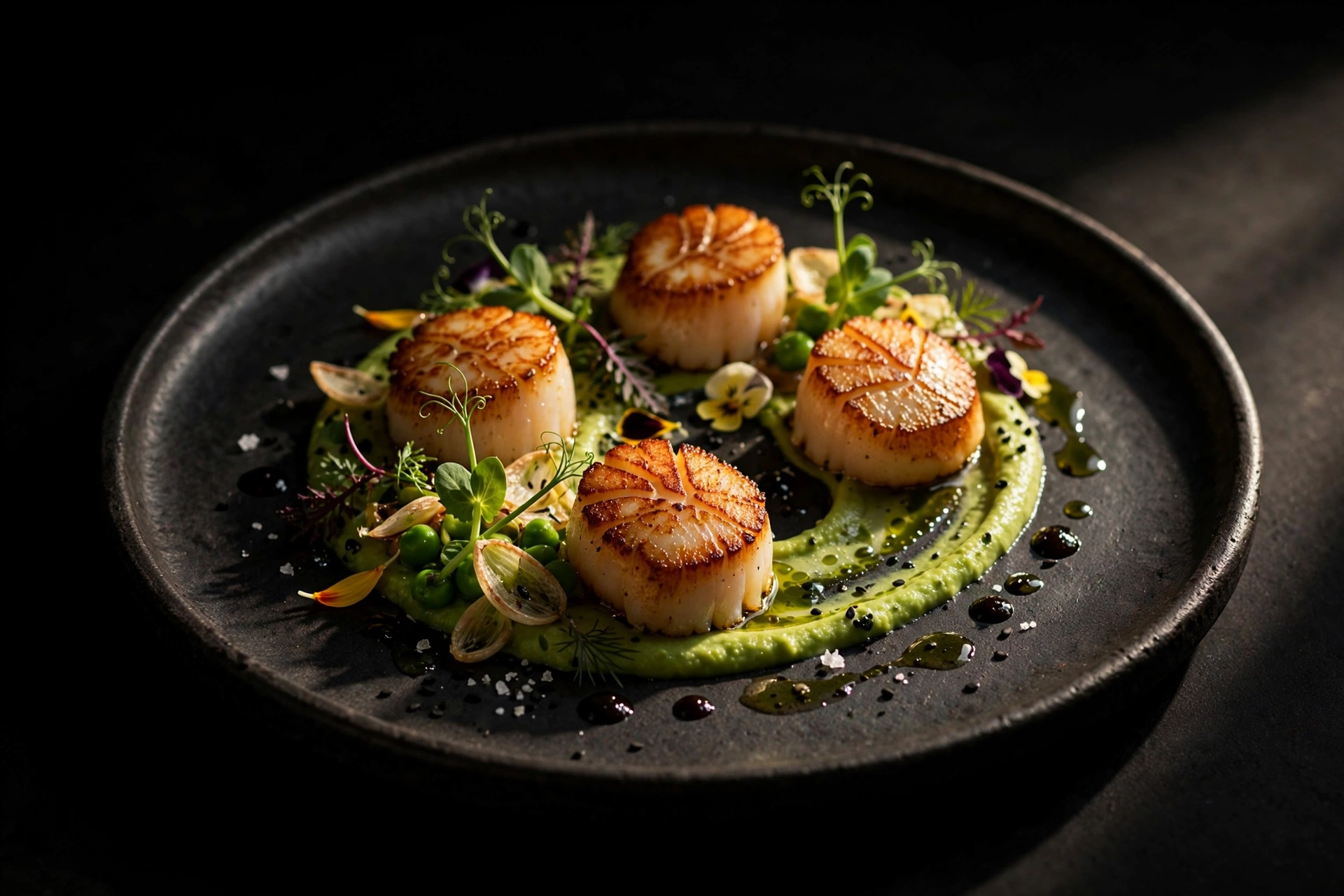 An elegantly plated dish on dark ceramic, lit dramatically