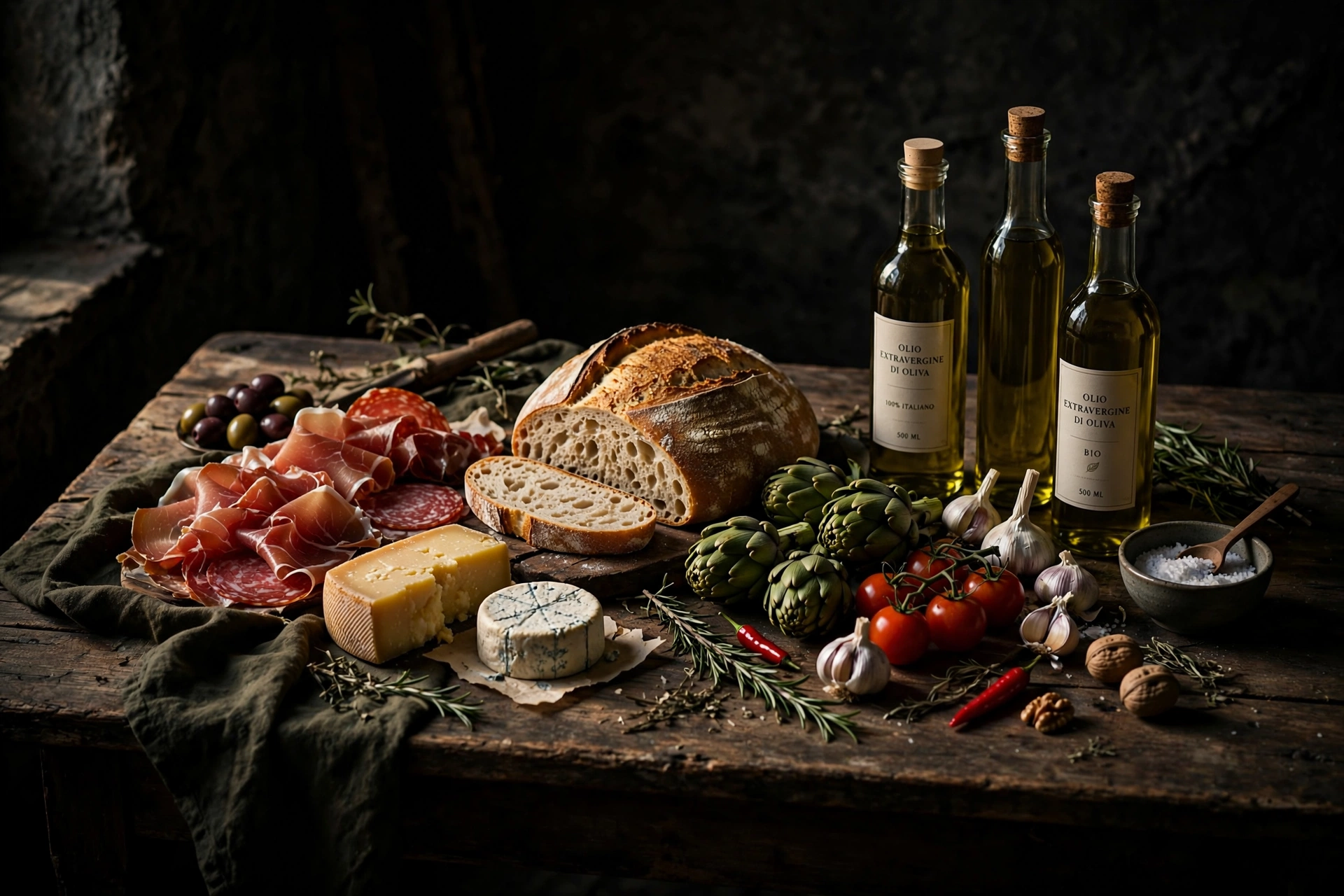 A rustic table of artisanal provisions: bread, cheese, cured meats, olive oil